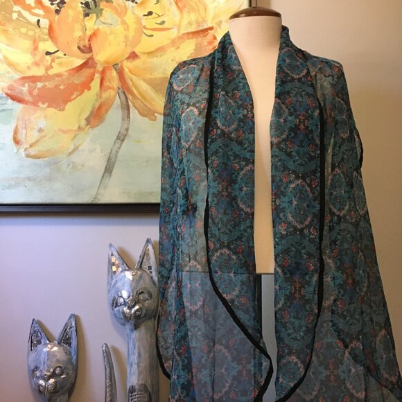 Sheer Blue Floral Damask Tapered Boho Scarf - Picture 6 of 16